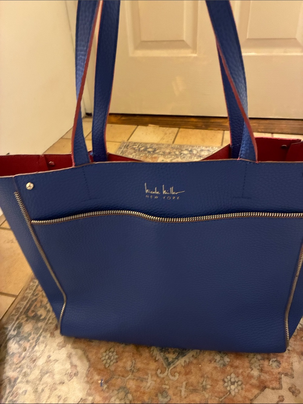 Nicole‎ Miller Blue Leather Tote with Red Interior
